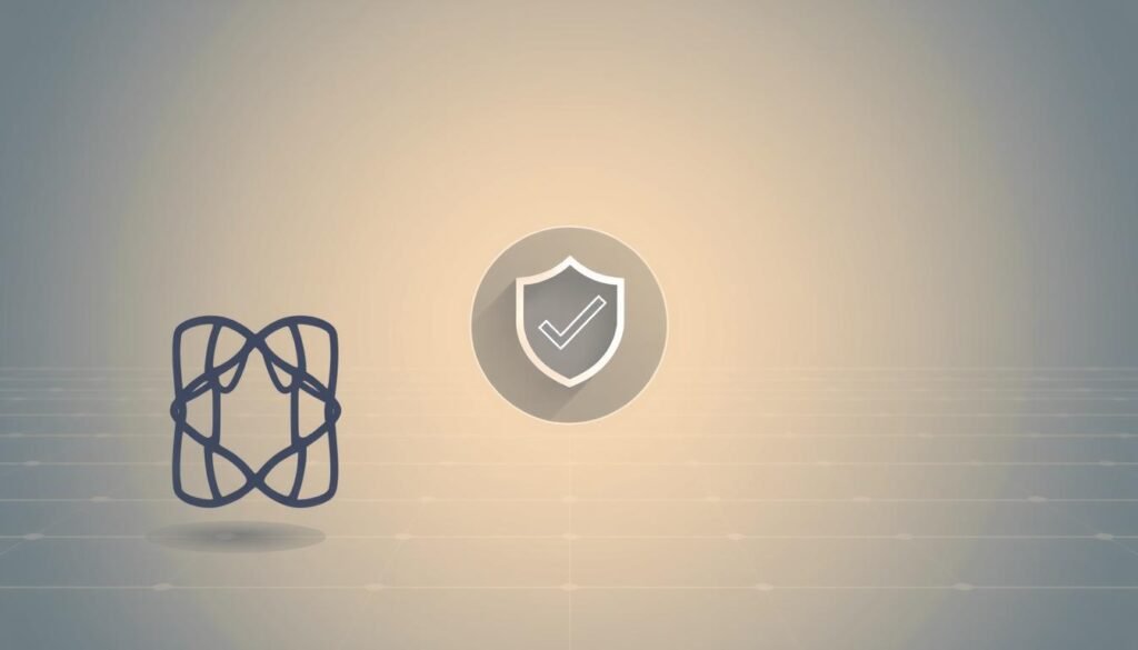 A blockchain verification process, captured in a clean, minimalist illustration. The foreground depicts a blockchain transaction, represented by interlocking geometric shapes in a subdued color palette. The middle ground showcases a verification icon, such as a checkmark or shield, signifying the integrity of the transaction. The background features a subtle grid or hexagonal pattern, symbolizing the distributed network that powers the blockchain. Soft, diffused lighting creates a sense of depth and tranquility, emphasizing the secure and trustworthy nature of the verification process. The overall composition conveys a clear, concise, and visually engaging representation of the blockchain's core functionality.