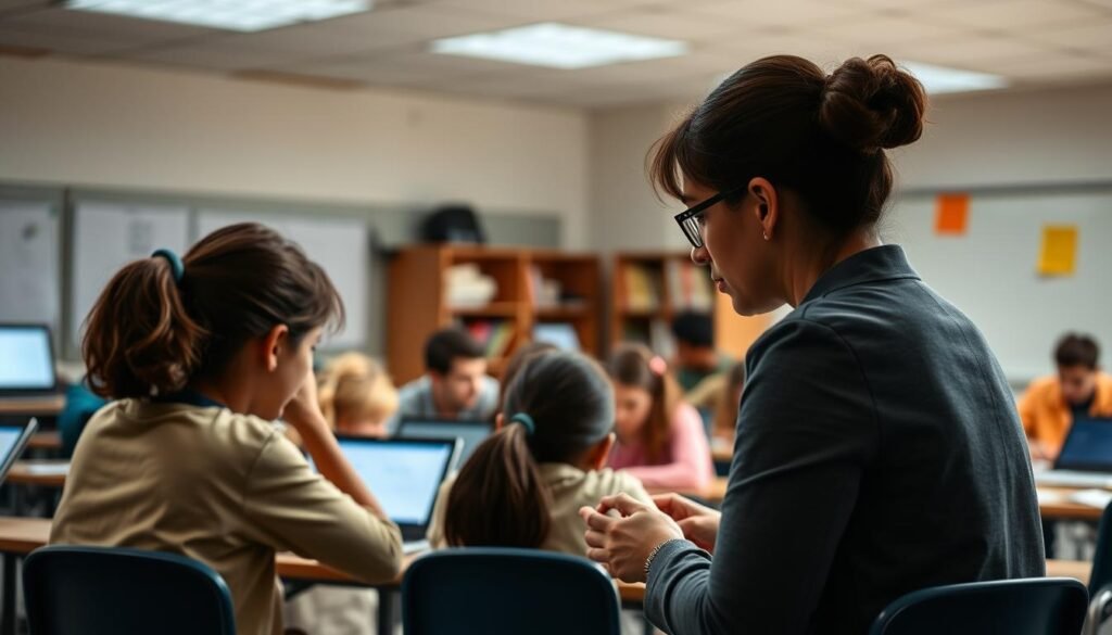 A classroom scene with students engaged in a HOTS (Higher-Order Thinking Skills) assessment. The foreground features a teacher overseeing the process, guiding students as they tackle challenging problem-solving tasks. In the middle ground, students work collaboratively, discussing and debating their ideas. The background depicts a well-equipped, modern classroom with technology-enabled learning tools. Soft, diffused lighting creates a contemplative atmosphere, emphasizing the intellectual rigor of the HOTS assessment. The composition conveys the challenges and complexities of implementing such an assessment, as students and teachers navigate the transition towards more meaningful, skills-based learning.