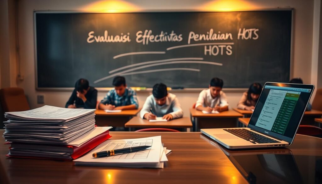 A classroom setting with a thoughtful, focused atmosphere. In the foreground, a teacher's desk showcases a neatly organized display of evaluation materials, including a stack of papers, a pen, and a laptop displaying a rubric. The middle ground features students sitting at their desks, deeply engaged in a test or assessment, their expressions intense and contemplative. The background depicts a chalkboard or whiteboard, with the section title "Evaluasi Efektivitas Penilaian HOTS" written elegantly in chalk or marker. Warm, diffused lighting illuminates the scene, creating a sense of diligence and academic rigor. The overall composition emphasizes the importance of effective, HOTS-oriented assessment in driving meaningful learning.
