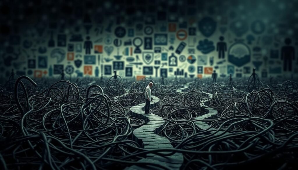 A complex web of challenges entangled within the biopsychosocial model, depicted through a surreal scene. In the foreground, a tangled labyrinth of pathways symbolizes the interconnected layers of biological, psychological, and social factors. Amidst the chaos, a lone figure navigates the obstacles, searching for a path towards holistic understanding. The middle ground features a blurred backdrop of disparate elements - medical instruments, social constructs, and psychological symbols - all vying for prominence. The lighting is moody, casting deep shadows and highlighting the sense of uncertainty. The lens captures the scene from an oblique angle, emphasizing the difficulty in aligning these diverse components. The overall atmosphere conveys the inherent challenges in fully implementing the biopsychosocial model, a testament to the complexity of human health and well-being.