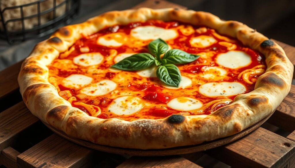 A crisp, golden-crusted pizza rests on a wooden pallet, the edges gently charred from the searing heat of a traditional wood-fired oven. The dough, made with just flour, water, yeast, and salt, has been expertly kneaded and stretched, resulting in a thin, airy crust that showcases the skill of the pizzaiolo. Swirls of rich, tangy tomato sauce peek through, topped with glistening mozzarella cheese and a smattering of fresh basil leaves. The scene is bathed in warm, diffused lighting, capturing the rustic, authentic essence of Neapolitan pizza, a culinary tradition recognized by UNESCO as an Intangible Cultural Heritage of Humanity.