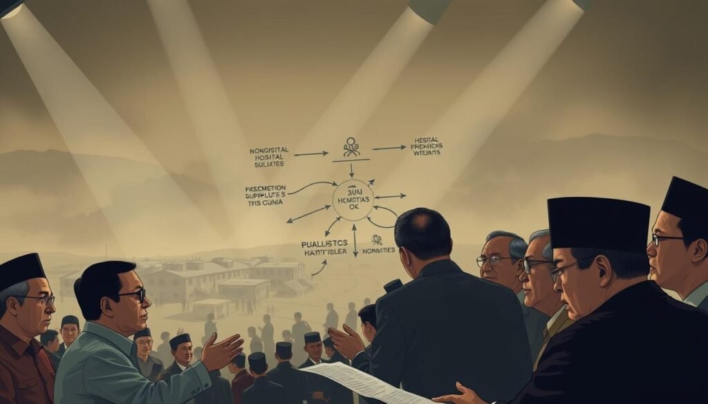 A detailed illustration of the political factors influencing the distribution of public healthcare resources in Indonesia. In the foreground, a group of politicians and policymakers engaged in heated debate, their expressions conveying the complexity of the decision-making process. In the middle ground, a visual representation of the flow of medical supplies, with arrows and diagrams showcasing the intricate web of logistics and bureaucracy. In the background, a hazy landscape of hospitals, clinics, and underserved communities, highlighting the broader implications of these political decisions on public health outcomes. The scene is bathed in a somber, muted color palette, conveying the gravity of the subject matter. Dramatic lighting from multiple angles creates depth and emphasizes the tension and importance of the scene.