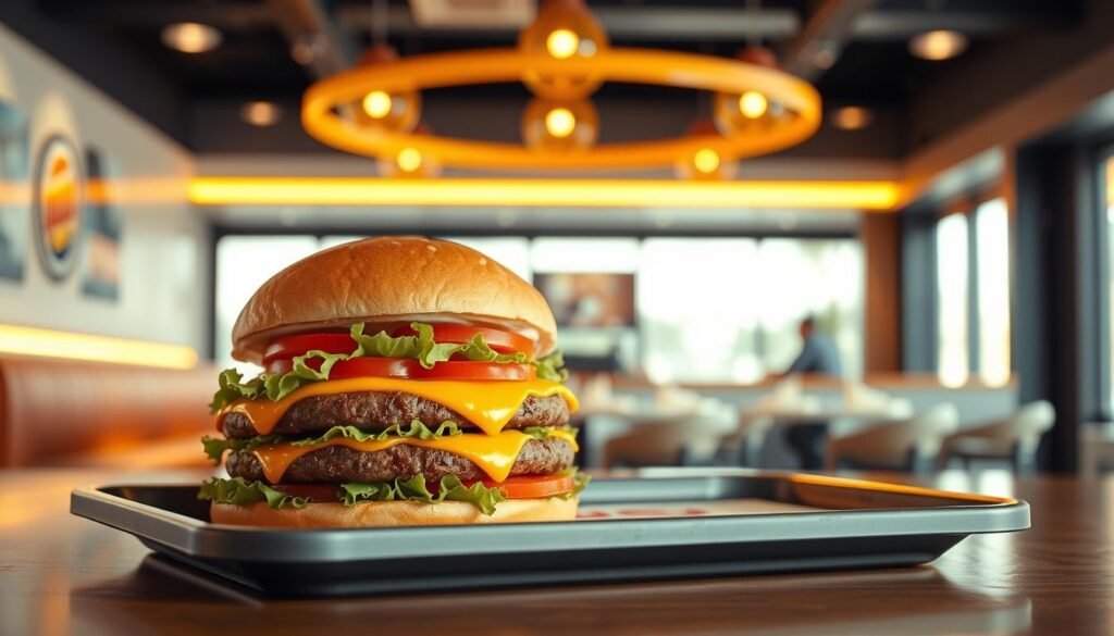 A mouthwatering Whopper burger, freshly grilled with juicy patty, melted cheese, crisp lettuce, ripe tomatoes, and tantalizing sauce, sitting atop a beautifully branded Burger King tray, against a backdrop of a minimalist, modern Miami-inspired interior, bathed in warm, golden lighting that casts a inviting glow, creating a visually appealing and appetizing scene.