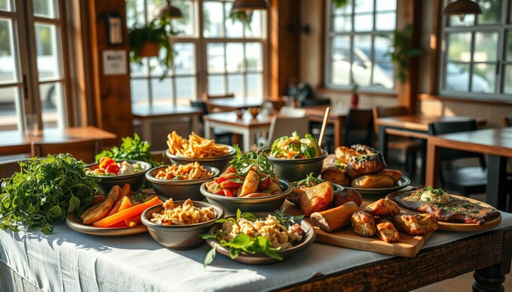 A neatly arranged display of diverse, mouthwatering dishes on a rustic wooden table in a cozy, sun-dappled restaurant setting. A crisp, white tablecloth provides a clean backdrop, while fresh herbs, vibrant vegetables, and sizzling meats create a visually captivating scene. Soft, natural lighting from large windows illuminates the scene, casting warm, inviting shadows. The overall atmosphere evokes a sense of relaxed, Mediterranean-inspired dining, perfectly capturing the "Menu Spesial Minggu Ini di Restoran Miami" theme.