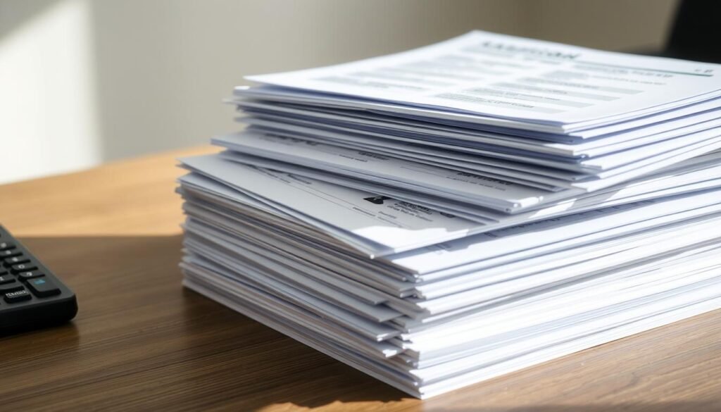 A neatly organized stack of official documents, including application forms, identity cards, and educational certificates, resting on a wooden desk. The lighting is soft and natural, casting gentle shadows and highlighting the textures of the paper. The composition is balanced, with the documents taking center stage against a blurred, neutral background that suggests a professional office setting. The overall mood is one of order, attention to detail, and the sense of an important administrative process unfolding.