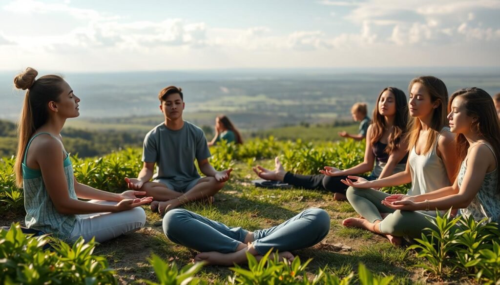 A serene, contemplative scene of young people immersed in introspective aura farming. In the foreground, a group of Gen Z and Alpha individuals sit cross-legged, palms open, radiating a sense of inner calm and focus. Their expressions are thoughtful, eyes closed, as they channel the earth's tranquil energy. In the middle ground, a lush, verdant landscape unfolds, with soft sunlight filtering through wispy clouds. In the background, a distant horizon suggests a boundless, expansive perspective. The overall atmosphere evokes a harmonious, meditative state, capturing the essence of a new generation's connection to the natural world and their own spiritual growth.