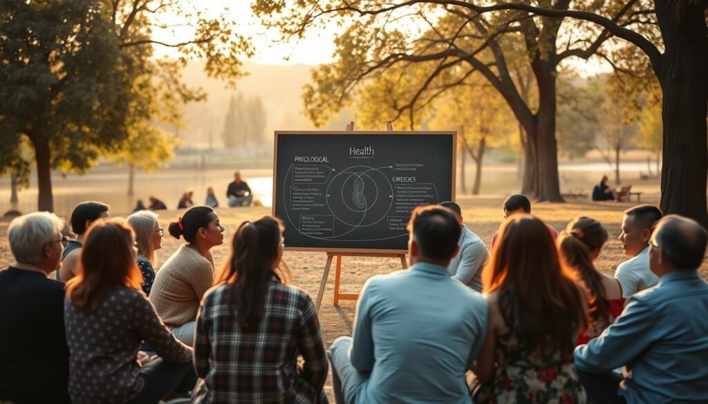 A serene scene of a diverse community gathered in a park, engaged in thoughtful discussion about the biopsychosocial model of health. In the foreground, people of different ages, ethnicities, and backgrounds sit in a circle, sharing ideas and insights. The middle ground features a large chalkboard or whiteboard displaying a visual representation of the model, with its interconnected biological, psychological, and social aspects. The background is a tranquil landscape, with trees, a calming body of water, and a warm, diffused lighting that creates a contemplative atmosphere. The overall mood is one of collaborative learning, open-mindedness, and a shared commitment to holistic well-being.
