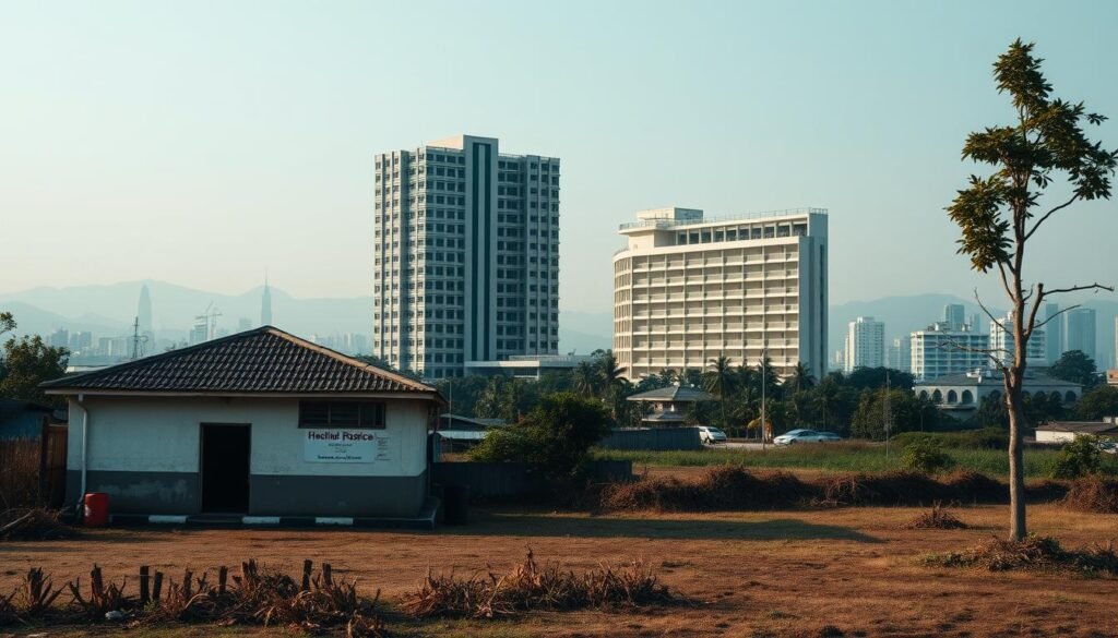 A stark contrast in the healthcare landscape, a deserted rural clinic stands in the foreground, its weathered facade a testament to the challenges of delivering quality care. In the middle ground, a bustling urban hospital towers, its gleaming façade a symbol of progress, yet juxtaposed against the gaping void of access and resources. In the distant background, a hazy silhouette of a bustling city skyline, a reminder of the persistent inequalities that plague the nation's healthcare system. Diffused natural lighting casts long shadows, heightening the sense of imbalance and underscoring the urgent need to bridge the gap in the distribution of pharmaceutical expertise across Indonesia.