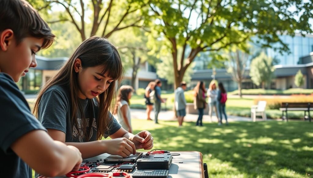 A tranquil, sun-dappled campus scene with students engaged in hands-on technology projects. In the foreground, two young learners collaboratively tinker with circuits and microchips, their faces alight with enthusiasm. In the middle ground, a group gathers around a display, examining data visualizations with rapt attention. The background showcases state-of-the-art research labs and workshops, their glass facades reflecting the verdant landscaping. Soft, diffused lighting enhances the sense of discovery and intellectual vibrancy. This image conveys the many benefits of technology scholarships - fostering innovation, cultivating STEM skills, and unlocking pathways to rewarding careers.