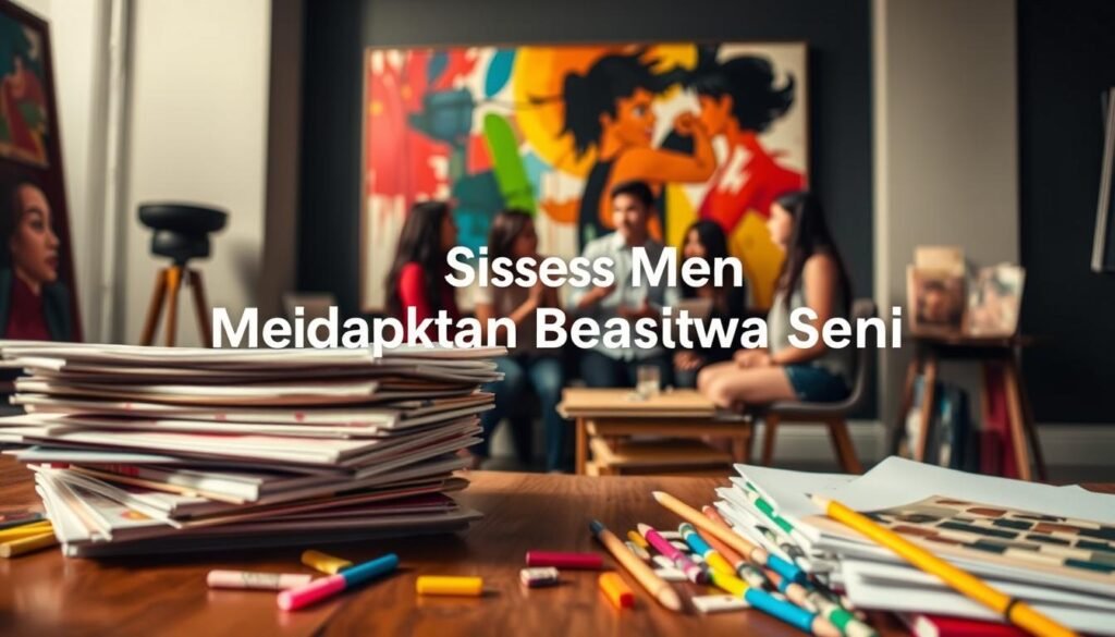 A vibrant, visually striking image showcasing the "Tips Sukses Mendapatkan Beasiswa Seni". Set in a sophisticated, gallery-like interior, the frame is filled with diverse artistic elements. In the foreground, a stack of colorful sketchbooks and art supplies spill across a wooden table, hinting at the creative potential of the scholarship recipient. In the middle ground, a group of young, aspiring artists engage in lively discussion, their expressions animated as they share insights. The background features a large, abstract painting in rich, expressive hues, casting a warm, inspirational glow over the scene. Soft, directional lighting accentuates the textures and details, creating an atmosphere of creativity, ambition, and a path to artistic success.