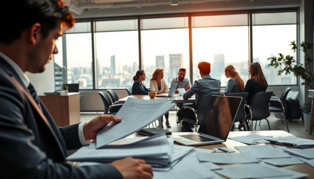 A well-lit office scene with a professional-looking desk, a laptop, and scattered documents. In the foreground, a person in a suit is reviewing papers, their face obscured. The middle ground shows a diverse group of people seated around a conference table, engaged in a discussion. In the background, a large window overlooks a cityscape, casting a warm glow across the room. The overall atmosphere conveys a sense of diligence, collaboration, and the process of selection for a prestigious scholarship program.