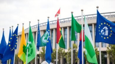 Ilustrasi dorongan politik hijau di Eropa dengan bendera Uni Eropa dan simbol lingkungan