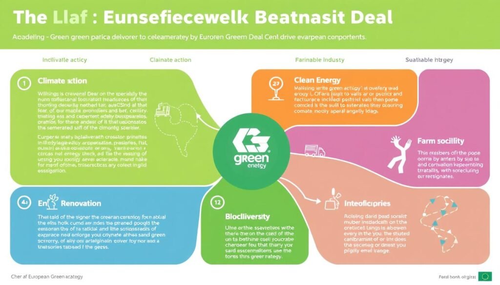 Infografik komponen utama European Green Deal sebagai bagian dari Dorongan Politik Hijau di Eropa