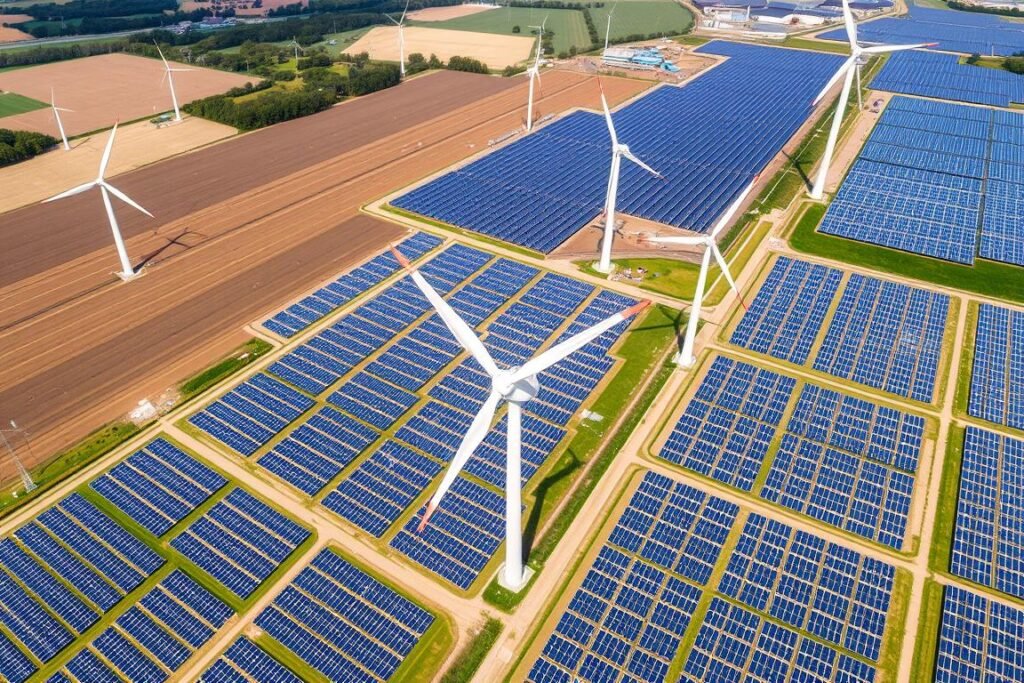 Ladang panel surya dan turbin angin di Jerman sebagai bagian dari Energiewende