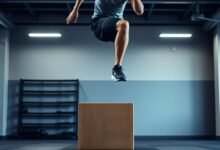 Runner performing box jump plyometric exercise in a gym setting