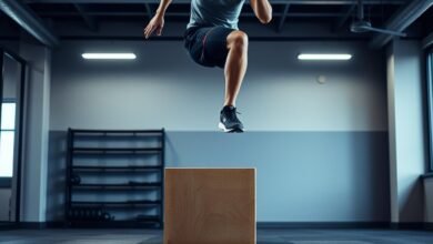 Runner performing box jump plyometric exercise in a gym setting