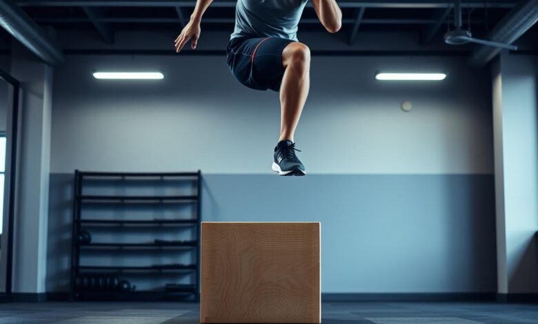 Runner performing box jump plyometric exercise in a gym setting