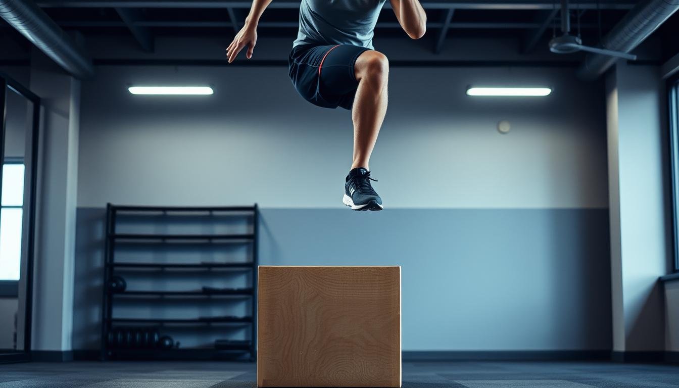 Runner performing box jump plyometric exercise in a gym setting