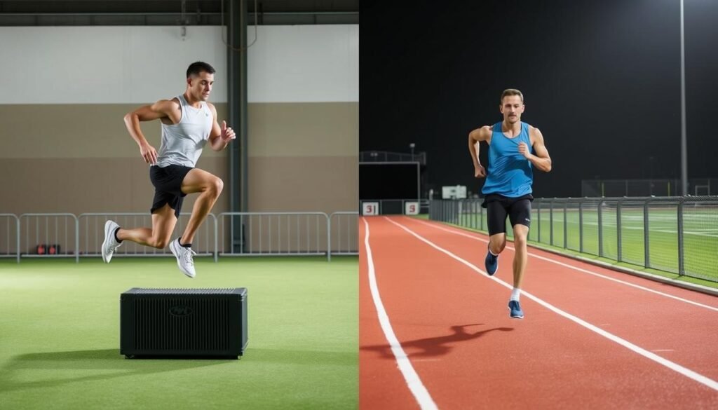 Split image showing plyometric training and interval training for runners