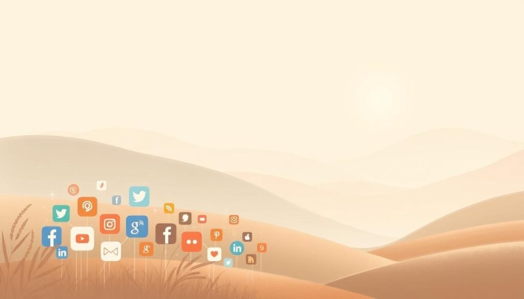a serene and minimalistic digital illustration of social media channels and platforms, with a tranquil, calming aura. the foreground features a variety of stylized social media app icons and logos, arranged in a harmonious, balanced composition. the middle ground showcases abstract, soothing shapes and textures in muted, earthy tones, creating a sense of peaceful energy. the background depicts a softly blurred, atmospheric landscape with gentle lighting, evoking a sense of introspection and inner calm. the overall image conveys the idea of social media as a tool for spreading positive and nurturing energies, in line with the concept of &quot;aura farming&quot;.