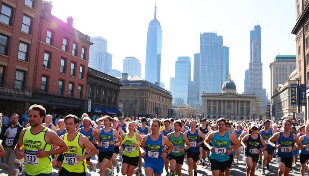 A bustling 5K fun run through a vibrant urban landscape. In the foreground, a group of enthusiastic runners in colorful athletic wear jog past rows of spectators lining the streets, their expressions filled with excitement and camaraderie. The middle ground showcases the iconic landmarks of the host city, with towering skyscrapers and historic buildings providing a dynamic backdrop. Bright sunlight filters through the scene, casting a warm, energetic glow and highlighting the energy of the event. The overall atmosphere conveys a sense of community, fitness, and the joy of physical activity shared by all participants.