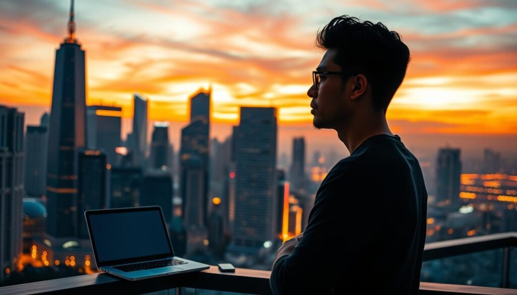A bustling city skyline at dusk, with towering skyscrapers silhouetted against a vibrant orange and pink sky. In the foreground, a person standing on a balcony, overlooking the cityscape, deep in thought, their expression conveying the challenges of monetizing digital content. The middle ground features a laptop and smartphone, symbolizing the tools of the trade for modern content creators. The background is a blend of warm and cool tones, creating a sense of introspection and the complexities of the digital landscape. Dramatic lighting accentuates the subject's contemplative pose, while a shallow depth of field focuses the viewer's attention on the central figure and their internal struggle with the "tantangan monetisasi" they face.