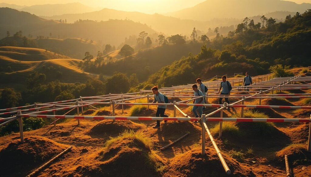 A challenging landscape unfolds, with rolling hills and lush forests as the backdrop. In the foreground, a group of students navigates through a maze of obstacles, each one a symbolic representation of the difficulties they face in Nusa Putra's Information Systems program. The lighting is warm and golden, casting a sense of determination and resilience. The scene is captured with a wide-angle lens, allowing the viewer to appreciate the scale and complexity of the challenges. The atmosphere is one of perseverance and growth, as the students work together to overcome the hurdles and emerge stronger for it.