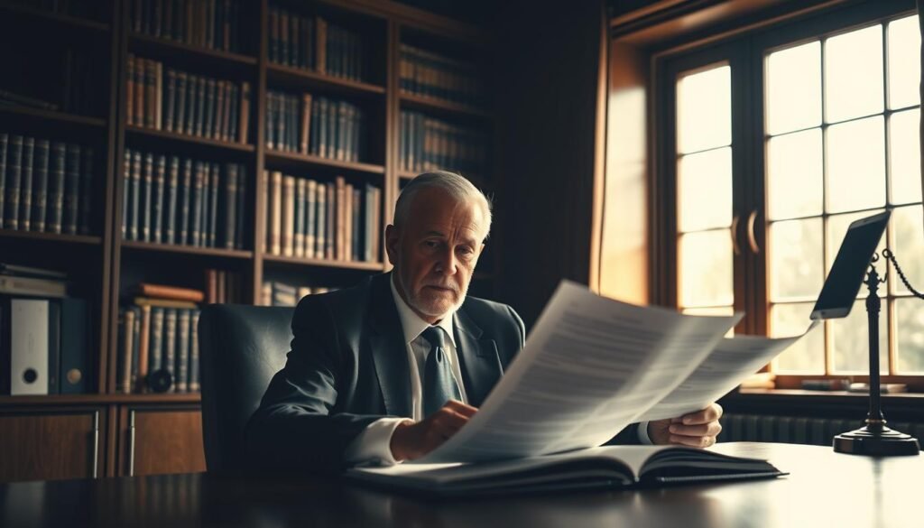 A dimly lit office setting, a notary public sitting at a desk, carefully reviewing legal documents related to inheritance law. The room is adorned with shelves of books, a sense of wisdom and authority pervading the scene. Soft, warm lighting casts subtle shadows, creating an atmosphere of contemplation and professionalism. The notary's expression is one of focused concentration, underscoring the gravity and importance of their role in the complex process of estate settlement and asset distribution. The background features a large window, allowing natural light to filter in, symbolizing the transparency and accountability inherent in the notary's duties. An air of solemn responsibility and legal expertise permeates the image, capturing the essential function of the notary in the realm of inheritance law.