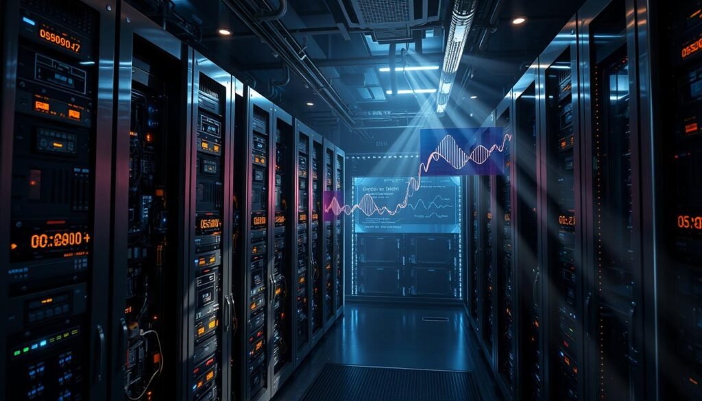A futuristic data center filled with advanced quantum computers, their complex circuits and glowing quantum bits reflected in the sleek metallic surfaces. Rays of light pierce through the darkness, casting dramatic shadows and highlighting the intricate machinery. In the background, a visualization of quantum waveforms and algorithms dances across holographic displays, hinting at the immense processing power within. The atmosphere is one of technological innovation, progress, and the dawning of a new era in computing.