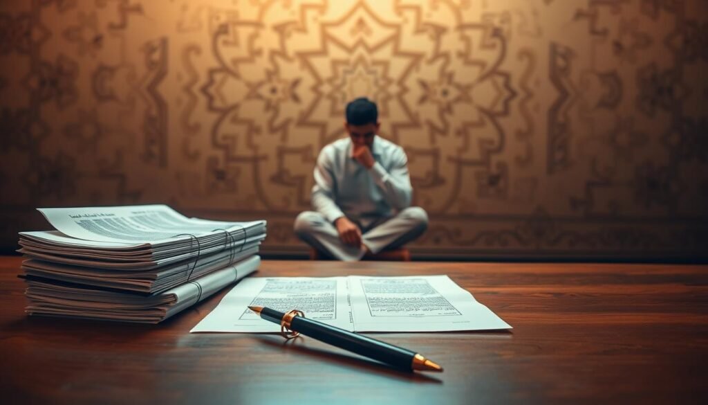 A serene and contemplative scene of contemporary Islamic inheritance law, bathed in warm, muted tones. In the foreground, a stack of legal documents and a quill pen rests on a polished wooden table, symbolizing the thoughtful, scholarly nature of the subject. In the middle ground, a person seated in a contemplative pose, deep in thought, represents the human element and the personal impact of this area of law. The background features a subdued, abstract pattern inspired by traditional Islamic art, creating a sense of cultural and spiritual context. Soft, diffused lighting casts a gentle glow, evoking a sense of reverence and timelessness. The overall composition aims to convey the weight, complexity, and contemporary relevance of the topic of "Hukum Waris Kontemporer".
