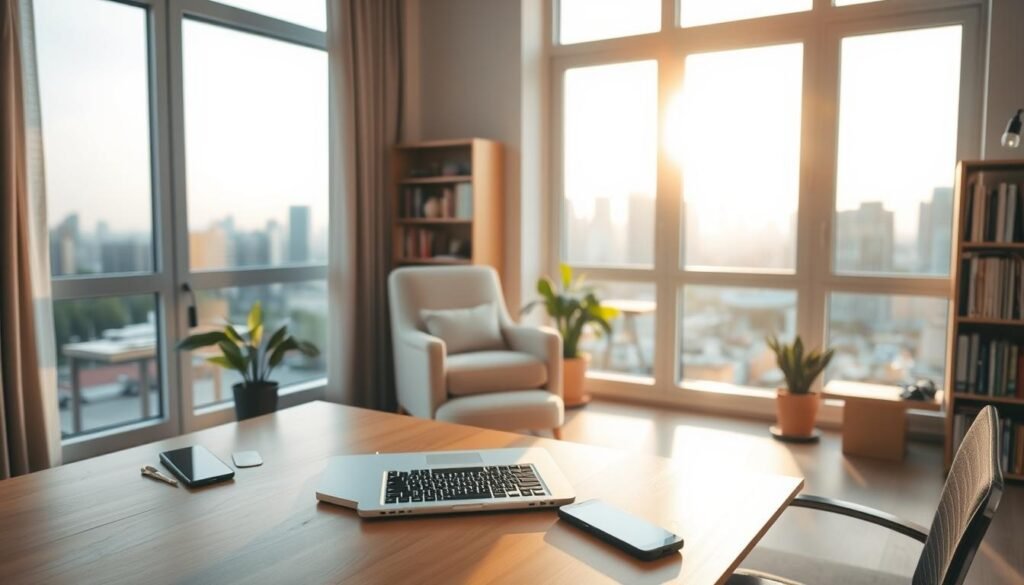 A serene home office setting, bathed in warm afternoon light filtering through large windows. In the foreground, a laptop and smartphone sit atop a tidy desk, suggesting the tools of an online entrepreneur. The middle ground features a cozy armchair, a potted plant, and bookshelves, creating a sense of comfort and productivity. The background showcases a city skyline, hinting at the global reach and potential of the "peluang penjualan akun" opportunity. The overall composition conveys a sense of opportunity, balance, and the ability to work from the comforts of one's own space.
