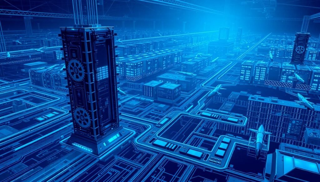 A vast, expansive cyber landscape of interconnected systems and protocols, bathed in a deep blue hue. In the foreground, a towering firewall stands vigilant, its intricate gears and circuits pulsing with a constant rhythm of security checks. Drifting in the middle ground, elegant data streams weave through the environment, guarded by sleek, angular cybersecurity drones. In the background, a sprawling network of servers and data centers, their blinking lights and holographic displays conveying the complexity and importance of the digital realm. The overall atmosphere is one of unwavering protection, cutting-edge innovation, and a steadfast commitment to safeguarding the future of computing.