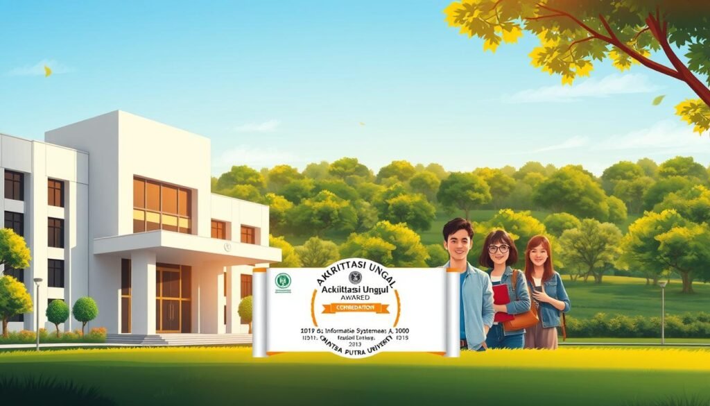 A vibrant, detailed illustration showcasing the prestigious "Akreditasi Unggul" (Excellent Accreditation) awarded to the Information Systems program at Nusa Putra University. In the foreground, a modern, sleek university building with clean lines and a prominent entrance, representing the high-quality education and facilities. In the middle ground, a group of confident, engaged students, their expressions radiating enthusiasm and academic success. In the background, a verdant campus landscape, conveying a sense of tranquility and intellectual growth. The scene is bathed in warm, golden lighting, creating a welcoming and aspirational atmosphere. The overall composition emphasizes the significance of this top-tier accreditation for both the institution and its students.