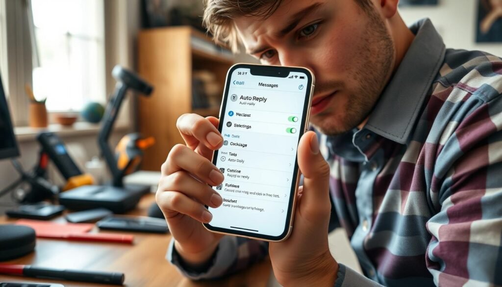 A close-up view of a person troubleshooting an iPhone displaying the iMessage auto-reply settings screen. The individual, dressed in smart casual clothing, is seated at a wooden desk cluttered with tools and accessories, which gives a sense of problem-solving. The background features a home office with a soft-lit atmosphere, where a soft-focus window allows gentle sunlight to filter in. The person is focused, tilting their head slightly as they swipe through the settings, with a look of concentration. A light reflection on the phone screen emphasizes the tech aspect and sets a professional yet relaxed mood. The overall composition conveys a sense of clarity, calmness, and determination in solving common technical issues.