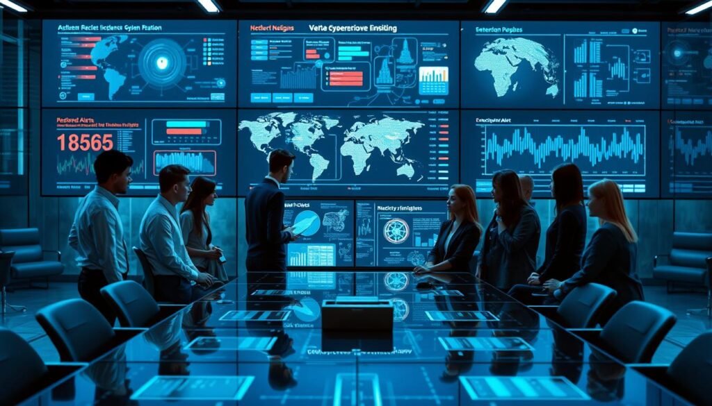 A detailed and visually striking representation of a cybersecurity incident response strategy. In the foreground, a diverse group of professionals in business attire gather around a high-tech conference table, analyzing digital displays of data breaches and network maps. The middle ground features large screens showcasing real-time cybersecurity alerts, interconnected global networks, and graphs depicting attack patterns. In the background, a modern office environment with sleek furniture and LED lighting creates a high-tech atmosphere. Use cool blue and gray tones to evoke a sense of urgency and professionalism, with a soft glow illuminating the faces of the team members as they engage in discussion. The overall mood should convey collaboration, focus, and readiness in the face of cyber threats.