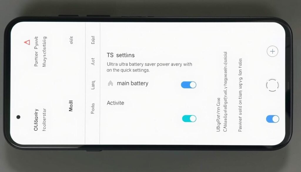 A detailed overhead view of an Android 15 device's quick settings panel, showcasing the "Ultra Battery Saver" mode. The panel features a clean, minimalist design with icons and toggles for various power-saving features. The "Ultra Battery Saver" mode is prominently displayed, with a clear visual indicator highlighting its activation. The quick settings layout is arranged in a grid-like pattern, with smooth transitions between the elements. The image conveys a sense of efficiency and simplicity, perfectly suited for the article's section on activating the "Ultra Battery Saver" mode from the quick settings and main settings menu.