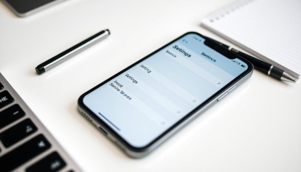 A minimalist workspace setup with an iPhone in the foreground, its screen displaying the Settings app with the "Siri & Search" menu open. The iPhone is placed on a clean, uncluttered desk, with a pen and notepad nearby, suggesting a practical, task-oriented environment. The lighting is soft and even, creating a calm, professional atmosphere. The camera angle is slightly elevated, giving a clear view of the iPhone's screen and the surrounding workspace. The overall composition emphasizes the process of customizing Siri's voice settings, the focal point of the image.