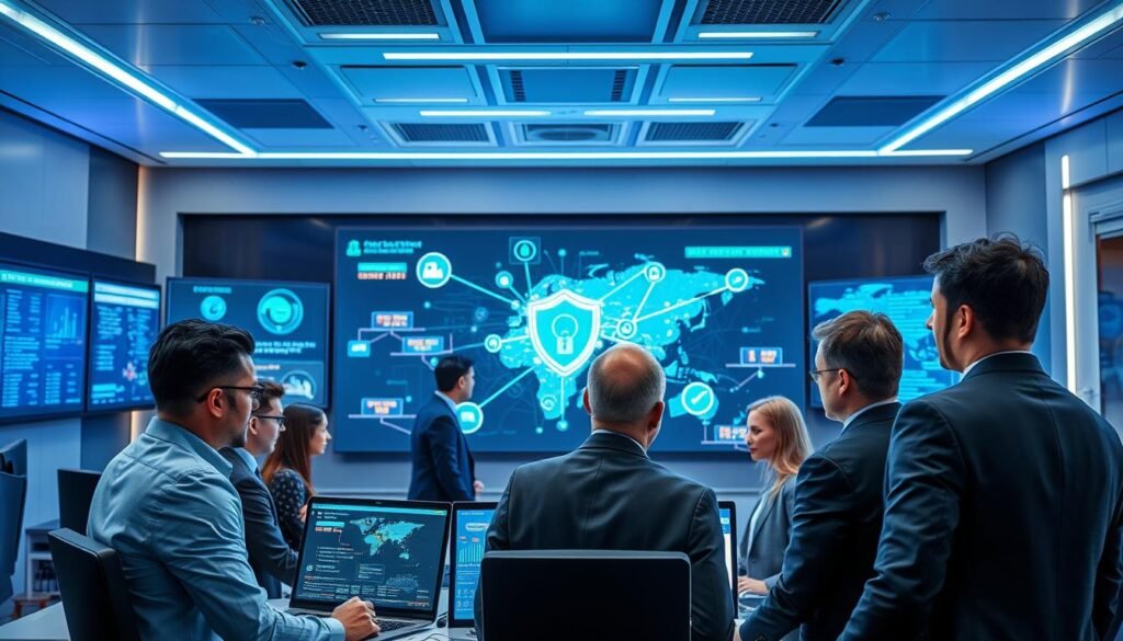 A modern corporate cybersecurity operations center, showcasing various high-tech security measures. In the foreground, a diverse group of professionals in business attire, focused on multiple screens displaying real-time threat analysis and data. In the middle, a large digital map highlighting different cyber threats with glowing lines connecting them, symbolizing network security. The background features sleek, futuristic technology, with blue and green ambient lighting creating a high-tech atmosphere. The scene is dynamic, with the professionals engaged in discussion and strategizing, reflecting a collaborative effort in cyber defense. The mood is serious yet determined, illustrating the importance of cybersecurity in protecting a company from ransomware threats.