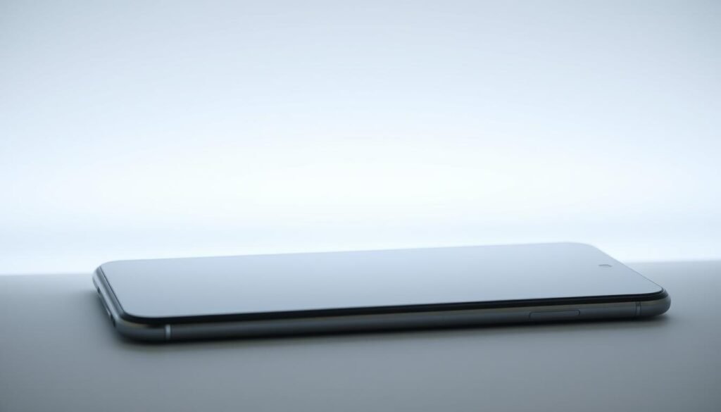 A sleek and minimalist screen, gently illuminated by a soft, ambient light. The display showcases a subtle, muted color palette, with a focus on energy-efficient design. The screen's surface is smooth and reflective, creating a sense of depth and elegance. The bezel is thin and unobtrusive, allowing the display to take center stage. The angle of the screen is slightly tilted, suggesting a comfortable and ergonomic viewing experience. The overall composition conveys a sense of efficiency, simplicity, and longevity, perfectly suited for the "Ultra Battery Saver" mode featured in the Android 15 article.