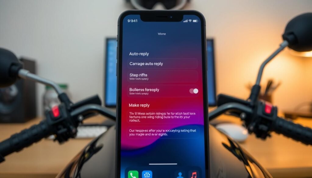A sleek and modern iPhone screen displaying the iMessage auto-reply customization settings, set against a minimalist, stylish workspace background. The foreground features the phone with vibrant icons and a contrasting dark mode theme, showcasing the auto-reply options specifically for when riding a motorcycle. In the middle, blurred images of a motorcycle helmet and gloves hint at the riding theme. The background is softly lit, with warm tones illuminating a cozy, yet tech-savvy environment, creating a sense of focus and safety for riders. The atmosphere conveys a sense of practicality and innovation, perfect for tech-savvy individuals who prioritize safety while on the road.