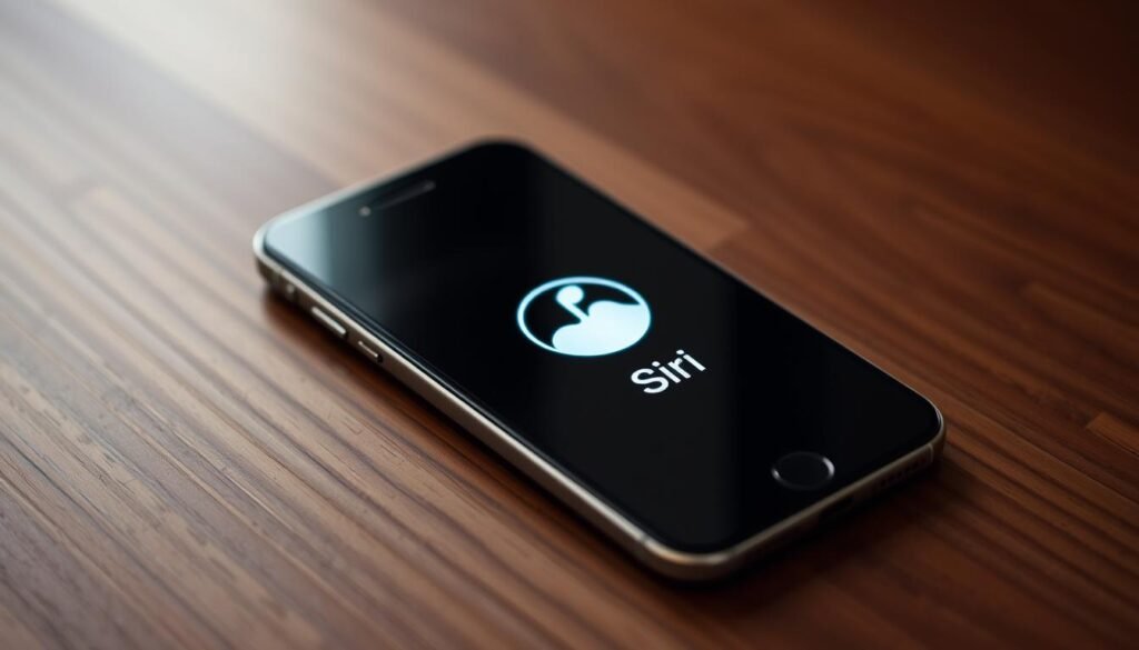 A sleek, metallic iPhone resting on a wooden surface, the Siri logo glowing subtly on the screen. The device is captured in a soft, warm lighting, creating a sense of tranquility and approachability. The image focuses on the Siri interface, with a minimalist design that emphasizes the virtual assistant's presence. The background is slightly blurred, drawing the viewer's attention to the central device and its iconic voice-activated interface. The overall mood is one of technological sophistication and user-friendliness, reflecting the essence of the Siri virtual assistant.
