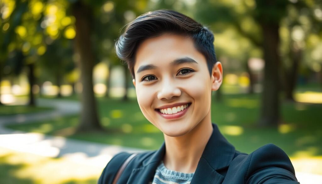 A close-up portrait of a young professional standing outdoors, smiling confidently, captured in portrait mode with a smartphone. The subject is wearing a smart casual outfit, emphasizing a modern and approachable look. The background features a softly blurred park with green grass and dappled sunlight filtering through the trees, creating a warm, inviting atmosphere. This bokeh effect showcases gentle circles of light, enhancing the focus on the subject's face. The image should have a natural light setup to highlight skin tones, with a slight catchlight in the subject’s eyes for depth. The angle should be slightly above eye level, giving a flattering perspective that represents modern smartphone photography capabilities.