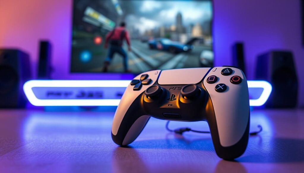 A close-up view of a PlayStation 5 DualSense controller prominently displaying its adaptive triggers, set against a sleek, modern gaming setup. The foreground features the controller in focus, showcasing the textured grips and responsive triggers, while the middle ground includes an illuminated gaming console and a large flat-screen displaying an engaging game scene. The background is softly blurred to emphasize the controller, with ambient blue and purple LED lights creating a vibrant, immersive gaming atmosphere. The lighting is dramatic yet subtle, highlighting the intricate details of the controller. Capture the mood of excitement and innovation in gaming technology, inviting viewers to explore personalized gaming experiences.