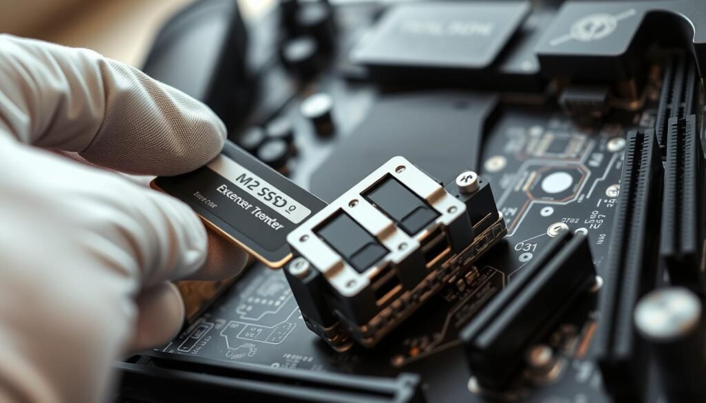 A close-up view of a modern M.2 SSD being installed onto an M.2 extender on a motherboard. The foreground features a gloved hand delicately handling the SSD, with clear metallic details of the SSD visible. In the middle, the extender is prominently displayed, showcasing its three additional slots, with intricate circuitry on the motherboard in the background. The lighting is bright and crisp, highlighting the shiny surfaces of the components, while a slight depth of field creates a soft blur on the background elements, enhancing focus on the installation process. The mood is technical and precise, reflecting a professional environment in a well-lit workspace.