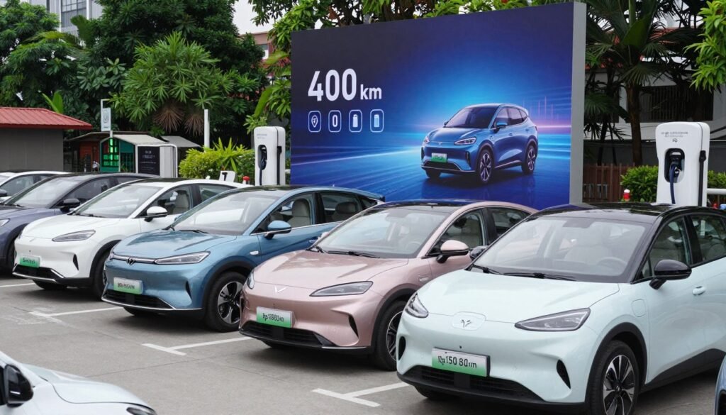 A detailed comparison of electric vehicles (EVs) focused on affordability and range. In the foreground, display a diverse lineup of local electric cars with sleek designs, emphasizing an attractive price point of Rp 150 million. Each model should vary in color and shape, showing unique features like modern headlights and aerodynamic silhouettes. In the middle ground, include a digital display illustrating the range of 400 km for each model, with stylish graphics and icons representing battery life. The background should feature an urban setting with eco-friendly infrastructure, like charging stations and greenery, under soft, natural lighting. Capture a professional atmosphere, suggesting innovation and sustainability in the automotive industry. Use a mid-angle shot to create depth and focus on the cars and the tech elements in this vibrant and engaging scene. A detailed comparison of electric vehicles (EVs) focused on affordability and range. In the foreground, display a diverse lineup of local electric cars with sleek designs, emphasizing an attractive price point of Rp 150 million. Each model should vary in color and shape, showing unique features like modern headlights and aerodynamic silhouettes. In the middle ground, include a digital display illustrating the range of 400 km for each model, with stylish graphics and icons representing battery life. The background should feature an urban setting with eco-friendly infrastructure, like charging stations and greenery, under soft, natural lighting. Capture a professional atmosphere, suggesting innovation and sustainability in the automotive industry. Use a mid-angle shot to create depth and focus on the cars and the tech elements in this vibrant and engaging scene.