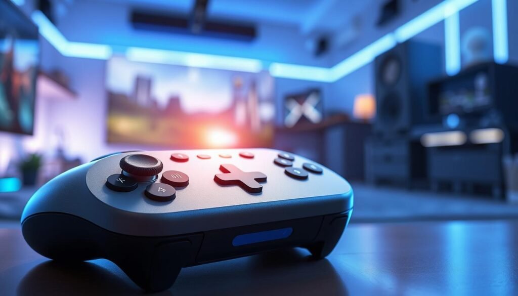 A detailed illustration of a DualSense vibration intensity controller, prominently displayed in the foreground. The controller, sleek and modern, features a tactile interface highlighting adjustable vibration settings with vibrant indicators. In the middle ground, a blurred gaming environment adds depth, suggesting an immersive gaming experience. The background softly fades into a home gaming setup with ambient blue lighting, creating a tech-savvy atmosphere. The scene captures dynamic lighting that reflects off the controller's surface, showcasing its ergonomic design and intricate buttons. The image should evoke a sense of innovation and excitement, perfect for presenting the features of haptic feedback in gaming.