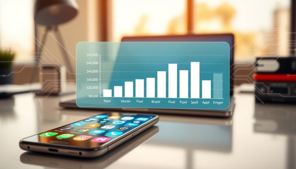 A dynamic, detailed infographic comparing Samsung and Pixel bloatware, showcasing vibrant app icons of various pre-installed applications. In the foreground, display a sleek smartphone on a clean, modern desk, with its screen illuminating the surrounding area. In the middle, feature a transparent overlay displaying a bar graph illustrating the analysis results, highlighting bloatware volume and usage statistics for Samsung and Pixel side by side. Use a stylish, professional business setting with warm, natural lighting to evoke an analytical atmosphere. In the background, include faint outlines of tech elements, such as circuit patterns or data streams, to enhance the high-tech feel of the image while ensuring it remains clean and focused on the core subjects.