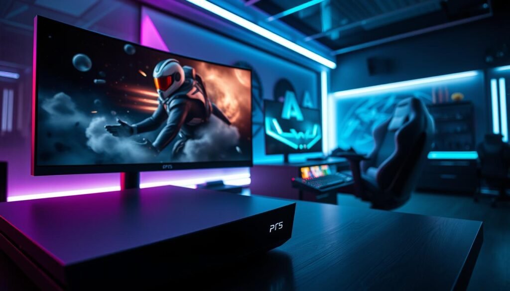 A futuristic gaming setup showcasing a high-end gaming monitor displaying an intense action scene in 4K resolution at 120 FPS. In the foreground, there is a sleek, modern gaming console labeled "PlayStation 6" with LED lights glowing softly. The middle ground features an elegant gaming chair and a stylish desk adorned with a mechanical gaming keyboard and a mouse. In the background, a vibrant gaming room illuminated by dynamic RGB lighting creates an immersive atmosphere. Soft shadows are cast across the scene, and the focus is sharp on the monitor, conveying a sense of excitement and anticipation. The overall mood is energetic and high-tech, embodying the future of gaming performance.