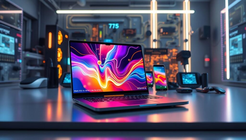 A futuristic setting showcasing the exclusive features of the Tensor G5 chip. In the foreground, a sleek, transparent laptop displaying high-performance graphics powered by Tensor G5, with vibrant colors and dynamic visuals illuminating the screen. The middle ground features a collection of tech gadgets, like advanced smartphones and smart home devices, highlighting their compatibility with the Tensor G5 technology. The background showcases a high-tech lab with glowing circuitry and digital interfaces, embodying innovation. Utilize soft, ambient lighting that casts intriguing shadows, evoking a sense of advanced technology. The camera angle is slightly low, emphasizing the impressive details of the laptop and tech features while creating a sense of depth in the overall composition. The atmosphere is modern, inspiring, and filled with potential for groundbreaking advancements in mobile technology.