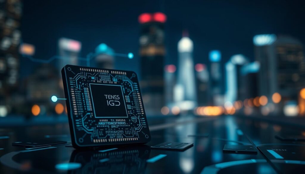 A futuristic, sleek depiction of the Tensor G5 AI chip, highlighted against a tech-inspired backdrop. In the foreground, the Tensor G5 chip is prominently displayed, with intricate details of its circuitry and advanced features visible, glowing subtly to indicate its innovative power. The middle ground features a digital interface with flowing data streams and abstract shapes representing AI functionalities, illuminated in soft blues and greens. The background showcases a blurred city skyline at night, with soft bokeh lights to evoke a sense of advanced technology and innovation. The atmosphere is modern and dynamic, emphasizing progress and potential. The lighting is dramatic yet professional, casting gentle shadows to add depth. Capture the essence of cutting-edge technology with a focus on AI advancements.